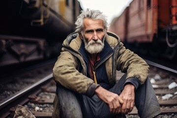 Obraz premium Grandpa sat on the abandoned railway station with a desperate expression, 