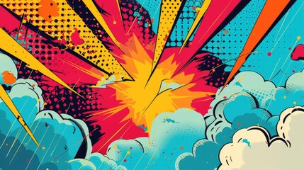Abstract pop art background bursts with comic energy, featuring thunder illustration. Colorful, Ai Generated.