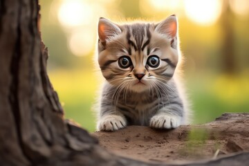 Naklejka na ściany i meble Cute kitten sitting outdoors staring at camera