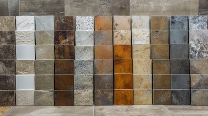 Assorted wall tile samples showcasing diverse textures. Design possibilities unfold, Ai Generated.
