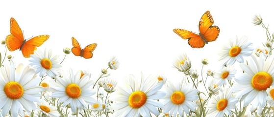 Fototapeta na wymiar Delicate daisies and graceful butterflies form a charming frame or border, seamlessly adorning backgrounds, Ai Generated.