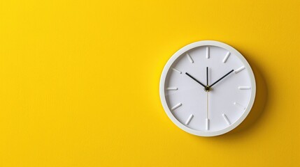 Minimalist flat lay image featuring a white wall clock on a vibrant yellow wall, showcasing simplicity and modern design, Ai Generated.