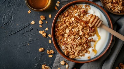 Granola arranged in a plate with yogurt and honey, a wholesome breakfast, Ai Generated.