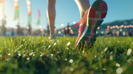 Runner's legs move fast on Coachella's green grass with colorful shoes. The festival's spirit...