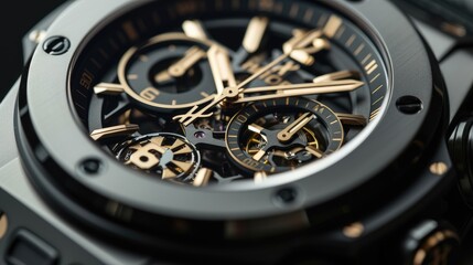 Close up of watch featuring sleek black and gold hands, epitomizing timeless elegance. Ai Generated.