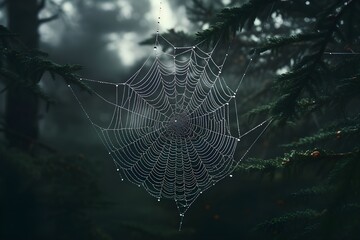 A close-up shot of a dew-covered spider web in a misty forest, highlighting the intricate patterns.