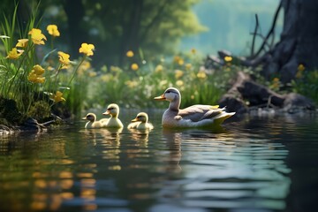 A family of ducks swimming in a mirrored pond, creating a serene and harmonious scene.