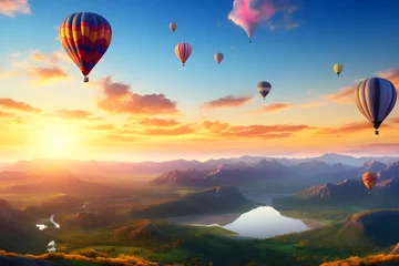 Poster Vibrant hot air balloons soaring above a picturesque landscape during sunrise. © Tachfine Art