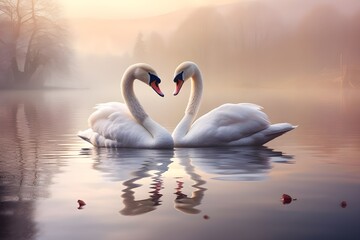 A pair of swans gliding gracefully on a calm lake, their reflections mirrored in the water.