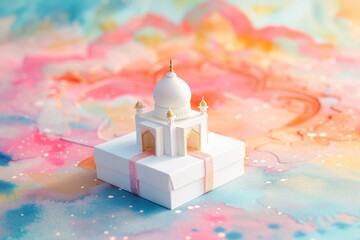 mosque model sits on a platform amidst an explosion of colors