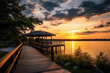Obraz premium On the lake viewing platform, the heat wave is even hotter at dusk, and the sunset on the lake is particularly beautiful,