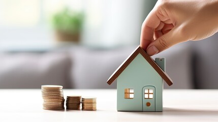 Piggy coin bank and house model on white wooden background