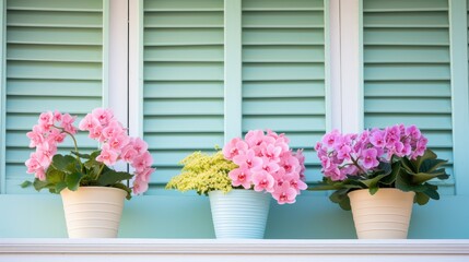 Fototapeta premium Pretty flowers in pots on a windowsill, 