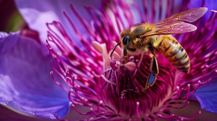Close-up Shot of Bee Pollinating Vibrant Purple Flower