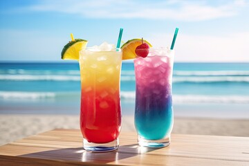Two rainbow cocktails on a wooden table at seashore bar. Luxury vacation. 