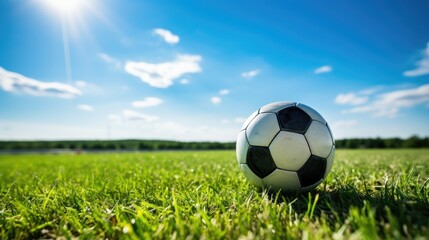Naklejka premium Soccer, with the background of the field grass and blue sky and white clouds, close up
