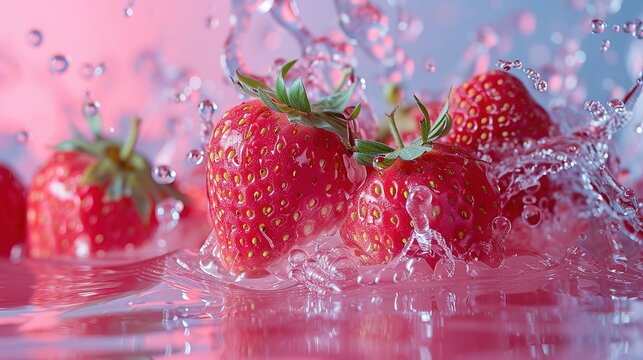 Strawberry with juice splash, Juicy ripe strawberries, ripe strawberries. Splash of strawberry Strawberry jam, cocktail, juice. Juicy strawberries in water splash Water drops.