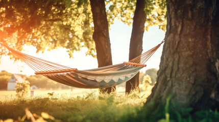 Outdoor Leure: A Hammock Between Two Tre on aunny Day - obrazy, fototapety, plakaty