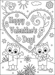 Valentine's Day coloring page, card, sign, or poster, for children or adults with cute baby kittens.
