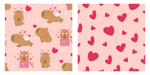 Set of patterns with lovely capybara and hearts