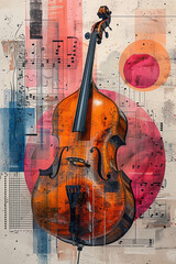 Abstract poster art for a jazz music performance with a double bass with musical notes. .