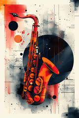 Abstract poster art for a jazz music performance with a saxophone in shades of orange and black.