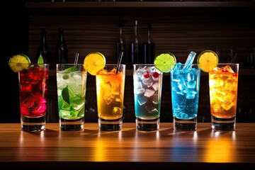 There are five different colored cocktails on the table, reflection photography, photo grade, 4K, 