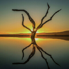 An illustration of a tree on the bank of a lake in evening, while the sun is sitting in the background 