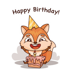 The cartoon fox is happily holding a birthday cake while wearing a party hat, with a big smile on its face. Vector