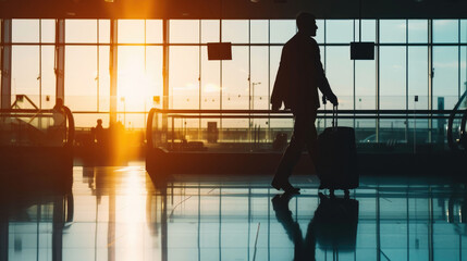 Silhouette of a businessman with luggage walking through an airport terminal with sunset in the background.
