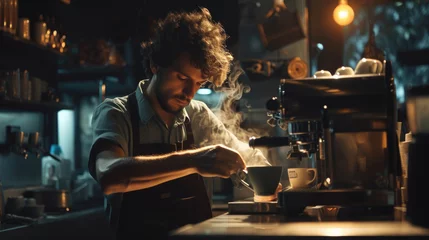 Fotobehang A barista meticulously brewing a cup of coffee in a dimly lit, cozy cafe, steam rising from the cup, capturing a moment of solitude and intensity © komgritch