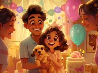 Obraz na płótnie Canvas A heartwarming animated scene of a family with smiling faces celebrating a young girl's birthday, complete with balloons, cake, and a new puppy gift. 