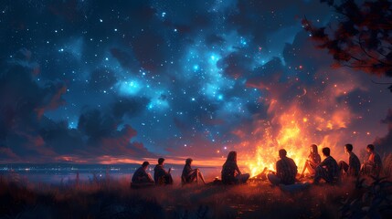 A group of friends gathered around a campfire, sharing stories and laughing under the stars