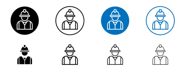 Worker Line Icon Set. Construction helmet safety symbol in black and blue color.