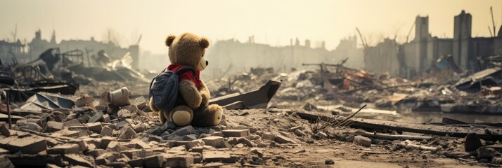 A child playing in a destroyed city with a dirty teddy bear 