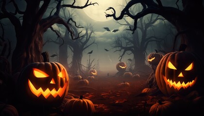 Halloween background filled with scary trees and pumpkins