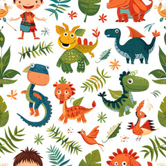 Children and fantasy creatures colorful repeat pattern, kids cartoon collage	