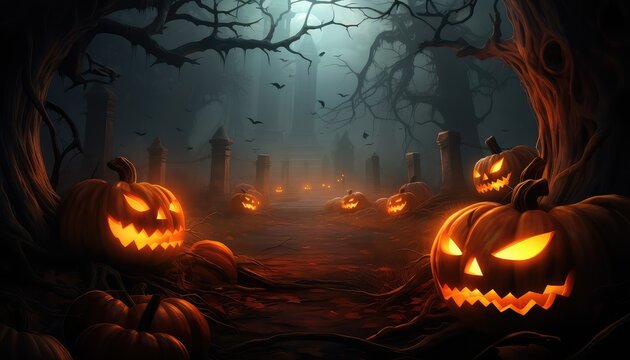 Halloween background filled with scary trees and pumpkins