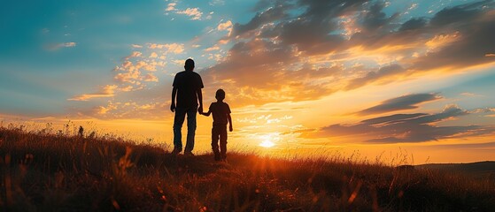 Father's Day hike adventure, capturing non-traditional family's silhouette against sunset, showcasing their bond and beauty of nature.