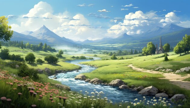 meadow and river rural landscape hd wallpaper