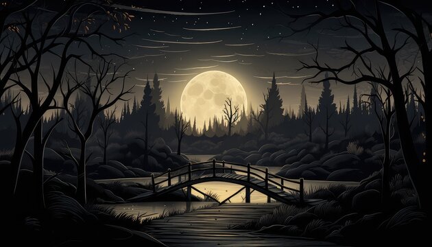 Illustration at night with full moon on the bridge in the forest
