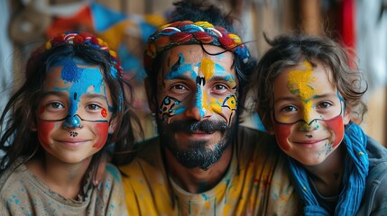 Obraz premium Playful Parent's Day portrait of non-traditional family with painted faces and homemade signs, showing unity and love.