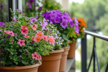 Fototapeta na wymiar Colorful flowers growing in pots on the balcony.