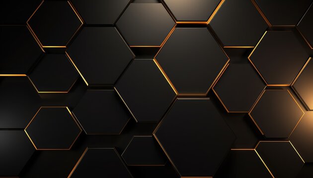 Luxury hexagonal abstract black metal background with golden light lines. Dark 3d geometric texture illustration. Bright grid pattern. Pure black horizontal banner wallpaper. Carbon elegant wedding
