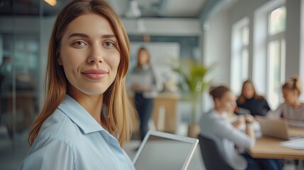 Smiling confident business leader looking at camera and standing in an office at team meeting. Portrait of confident businesswoman, Using digital tablet during a meeting - generative ai