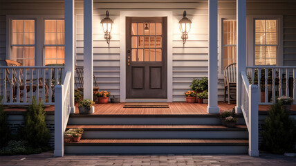 Warmth of a Welcoming Home Exterior:oft Lighting and Inviting Entryway