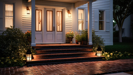 Fototapeta premium Welcoming Home Exterior: Warmth and Charm withoft Lighting and Entryway