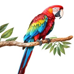 Fototapeta premium Colorful macaw parrot on a branch. Watercolor illustration