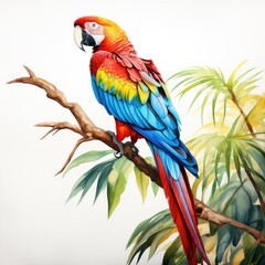 Fototapeta premium Colorful macaw parrot on a branch. Watercolor illustration