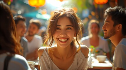 A group of friends sharing a laugh while enjoying their coffee at a bustling outdoor cafe, the vibrant atmosphere and cheerful chatter adding to the warmth of their gathering